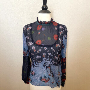 DSQUARED2 SZ38 Floral Patchwork Sheer Blouse Wave Print Mock Neck Made In Italy